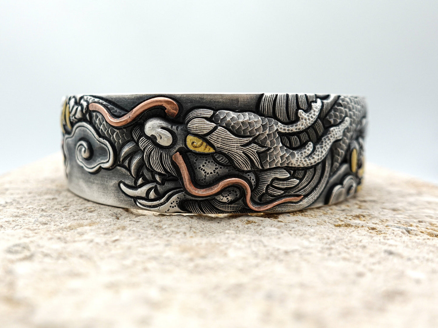 Sterling Silver Dragon Bracelet, Mens Cuff Bracelet, Dragon Wide Cuff Bangle Gift for Him Her - TibiCollection