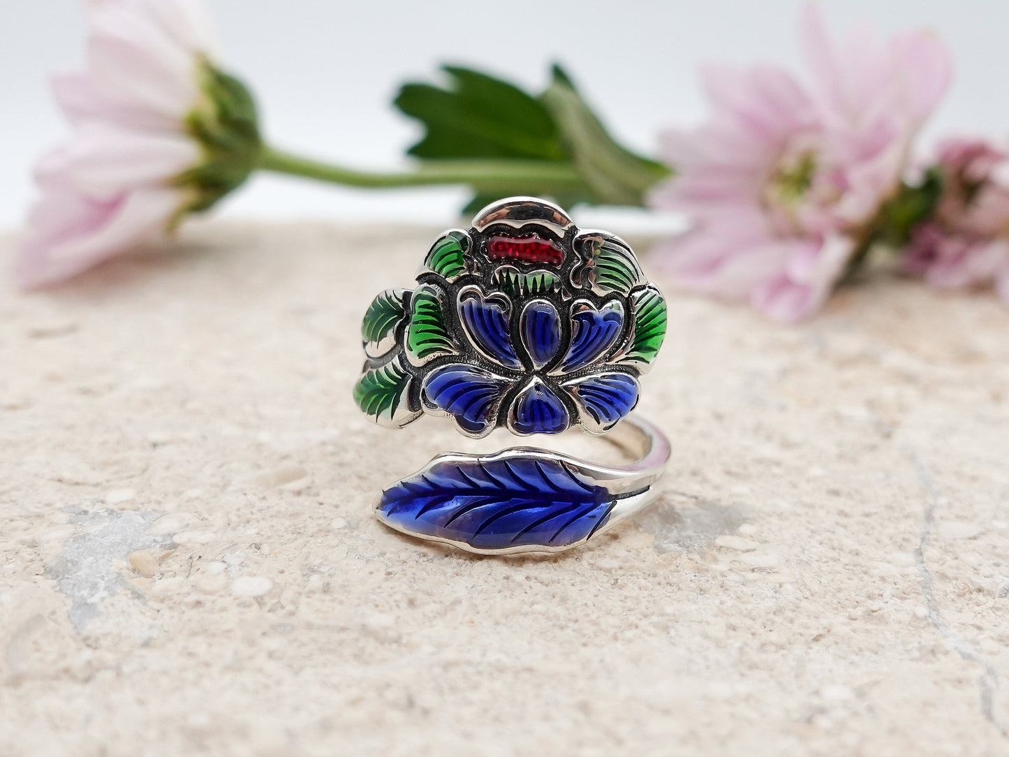 Peony Flower Ring, Sterling Silver Adjustable Ring, Thumb Ring, Nature-Inspired Ring, Peony Gift for Nature Lovers - TibiCollection