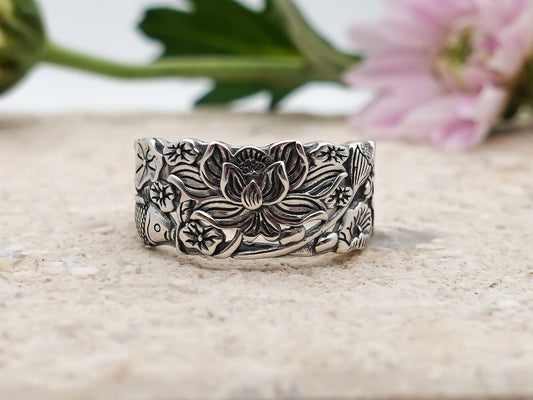 Lotus Ring, Sterling Silver Flower Ring, Adjustable Ring Wide Band, Lotus Jewelry - TibiCollection