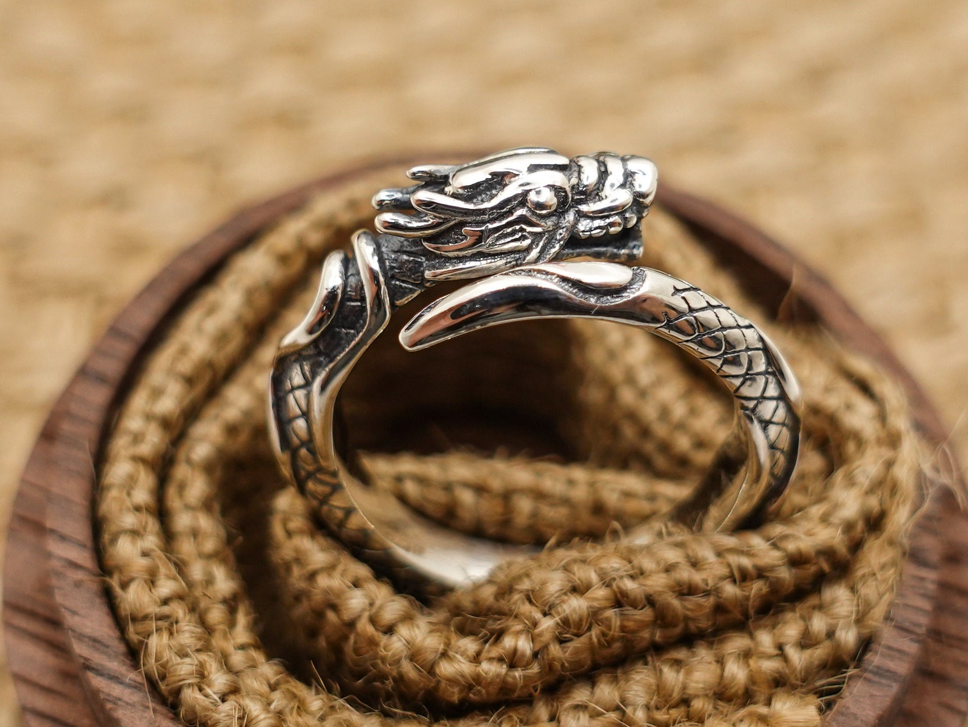 Sterling Silver Dragon Ring, Men Women Dragon Ring, Adjust Ring, Thumb Ring, Fantasy Ring for Him Her - TibiCollection