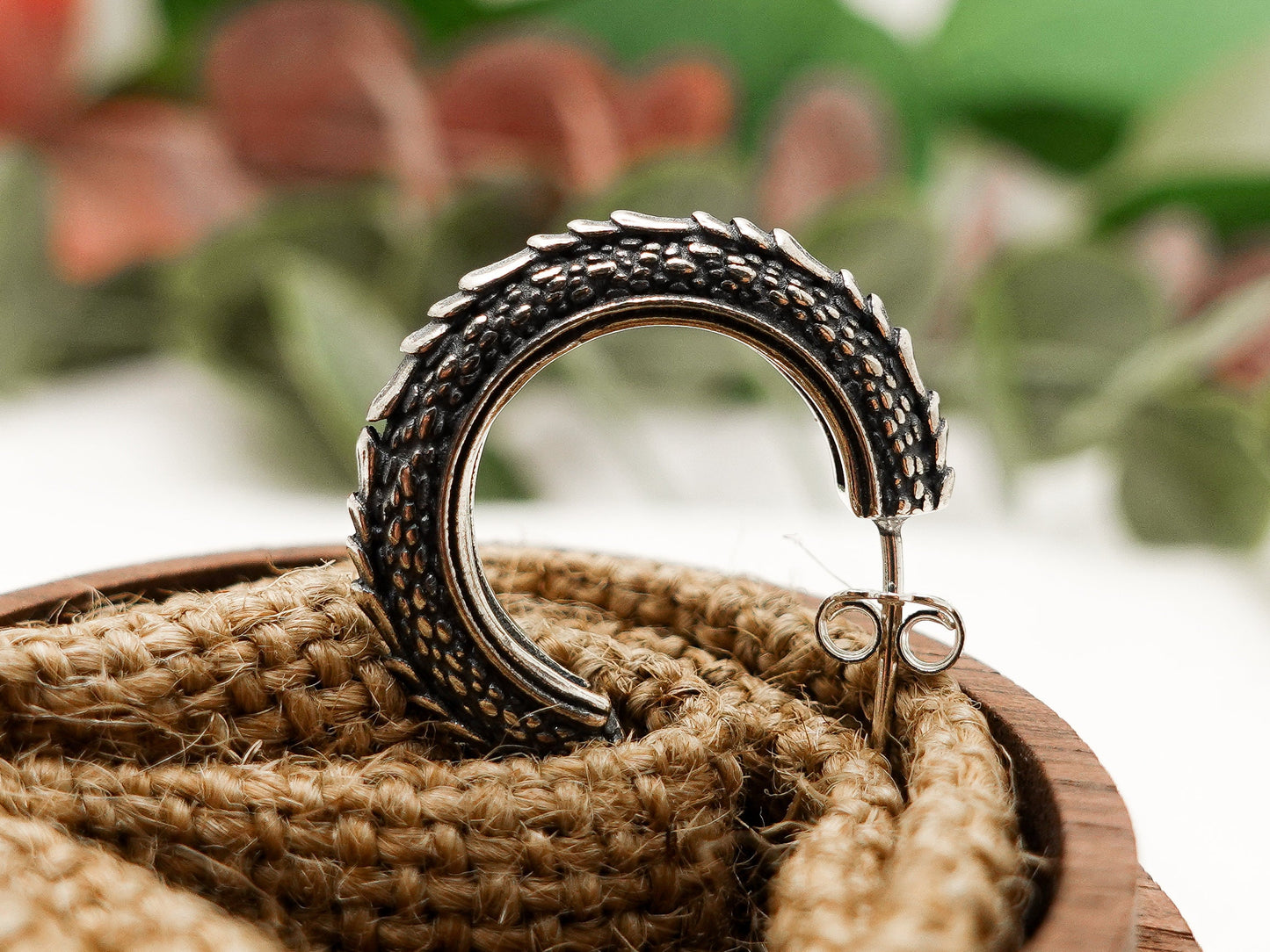 Dragon Scales Hoop Earrings for Men Women, Sterling Silver Dragon Earrings, Unique Fantasy Jewelry - TibiCollection