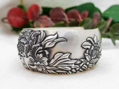 Sterling Sliver Wide Cuff Bracelet for Woman Man, Floral Bracelet , Peony Bangle, Peony Wide Cuff - TibiCollection