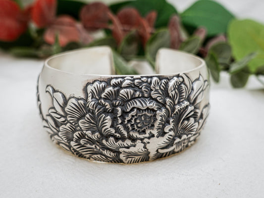 Sterling Sliver Wide Cuff Bracelet for Woman Man, Floral Bracelet , Peony Bangle, Peony Wide Cuff - TibiCollection