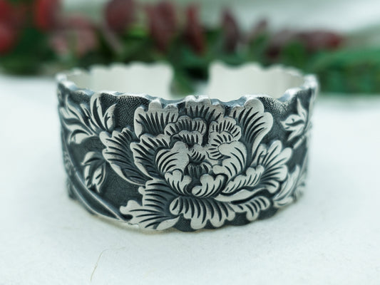 Sterling Sliver Peony Blossom Wide Cuff Bracelet, Leaf Bangle Bracelet , Romantic Floral Bracelet - TibiCollection