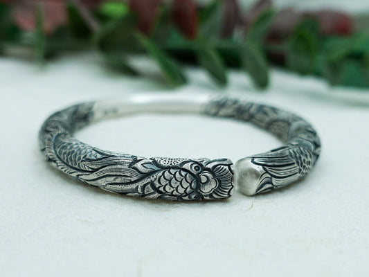 Wisdom and Love: Dragon Phoenix Bangle, Sterling Silver Dragon Phoenix Cuff Bracelet for Men Women, Mystical Jewelry Gift - TibiCollection