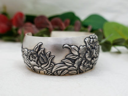 Sterling Sliver Wide Cuff Bracelet for Woman Man, Floral Bracelet , Peony Bangle, Peony Wide Cuff - TibiCollection