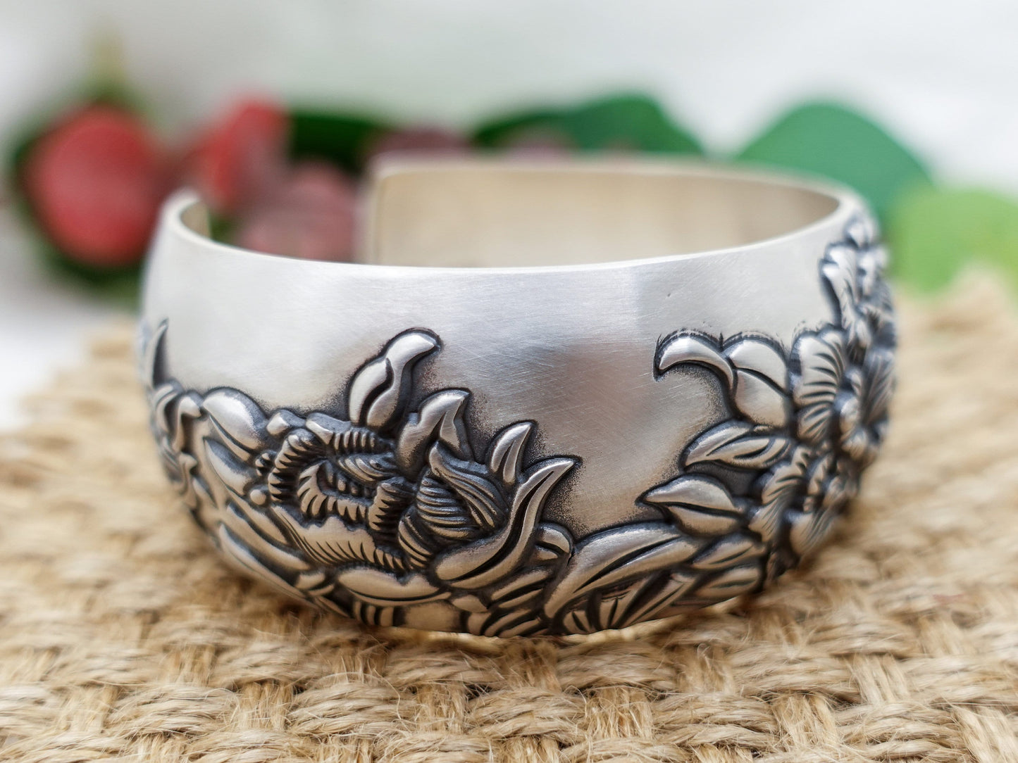 Sterling Sliver Wide Cuff Bracelet for Woman Man, Floral Bracelet , Peony Bangle, Peony Wide Cuff - TibiCollection