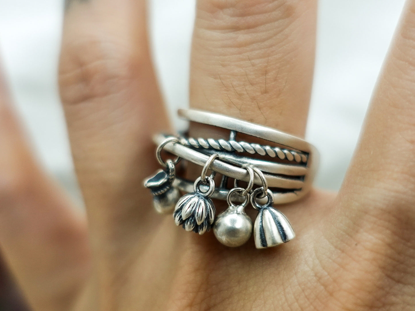 Lotus Crossover Ring, Sterling Silver Lotus Jewelry, Crisscross Spiritual Ring, Bohemian Tassel Ring, Crossed Band Ring, Twisted Band - TibiCollection