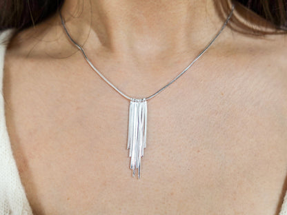 Shimmering Tassel Neckace, Sterling Silver Fringe Necklace, Shiny Tassel Pendant, Sparkling Necklace, Gleaming Necklace - TibiCollection