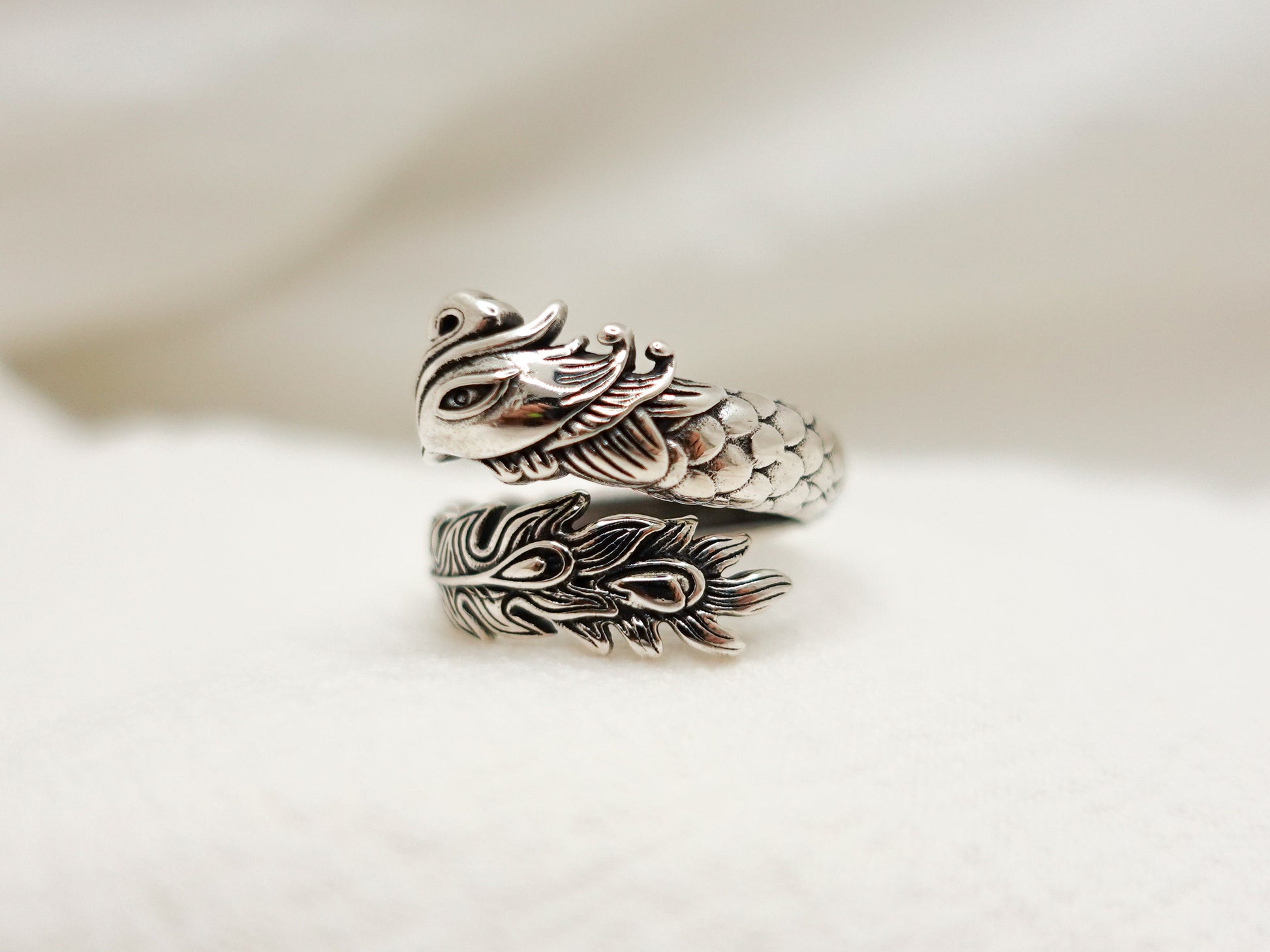 Sterling Silver Phoenix Rising Ring, Phoenix Statement Adjustable Ring, Mythical Creature Jewelry, Unisex Silver Firebird Ring - TibiCollection