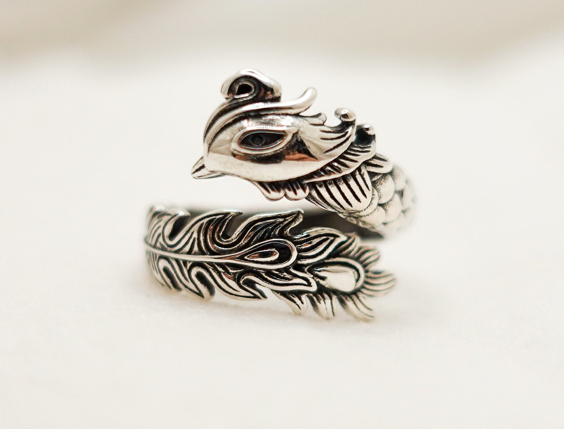 Sterling Silver Phoenix Rising Ring, Phoenix Statement Adjustable Ring, Mythical Creature Jewelry, Unisex Silver Firebird Ring - TibiCollection