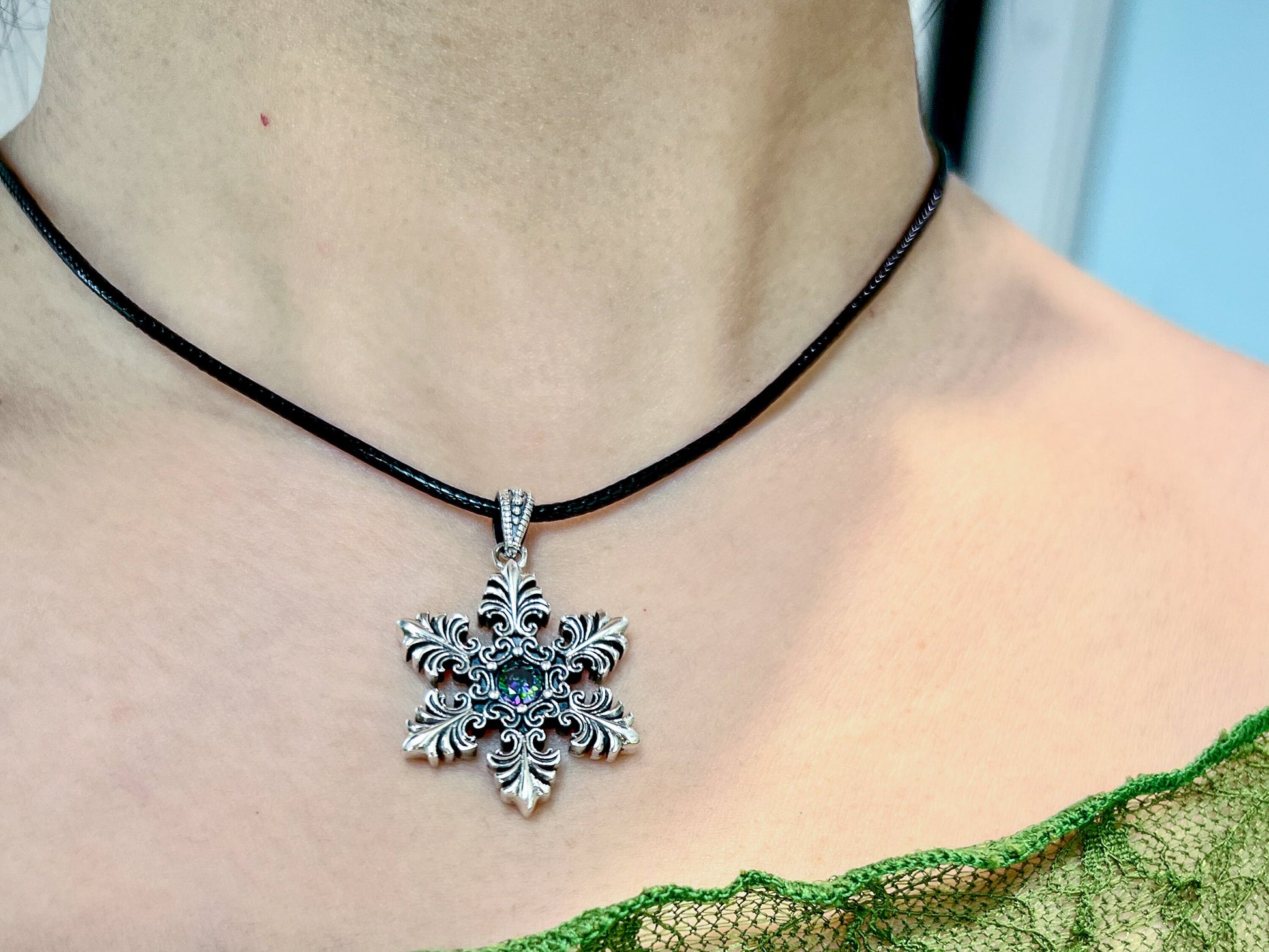 Sterling Silver Winter-themed Pendant for Men Women, Handcrafted Sparkling Snowflake, Unisex Jewelry gift - TibiCollection