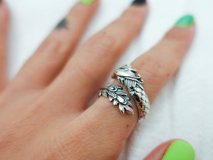 Sterling Silver Phoenix Rising Ring, Phoenix Statement Adjustable Ring, Mythical Creature Jewelry, Unisex Silver Firebird Ring - TibiCollection