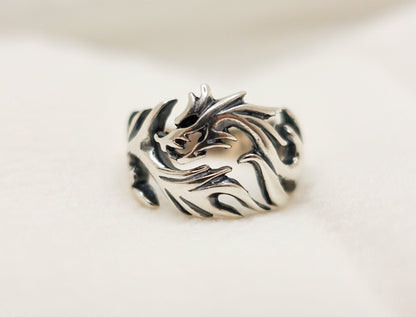 Sterling Silver Dragon Ring, Mens Gothic Rragon Ring, Adjustable Mythical Creature Ring, Fantasy-themed Ring - TibiCollection