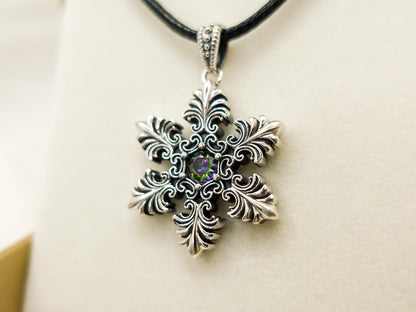 Sterling Silver Winter-themed Pendant for Men Women, Handcrafted Sparkling Snowflake, Unisex Jewelry gift - TibiCollection