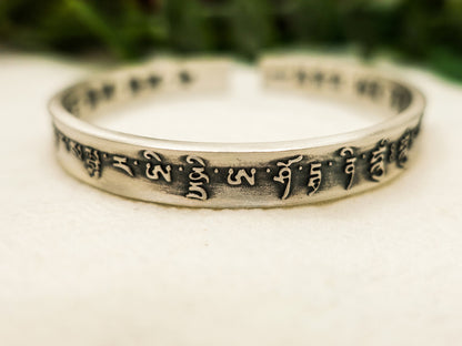 Sterling Silver Bracelet, Vajra Six-Mantra Bracelet, Vajra Symbol Jewelry, Spiritual Mantra Accessory, Unique Spiritual Gift - TibiCollection